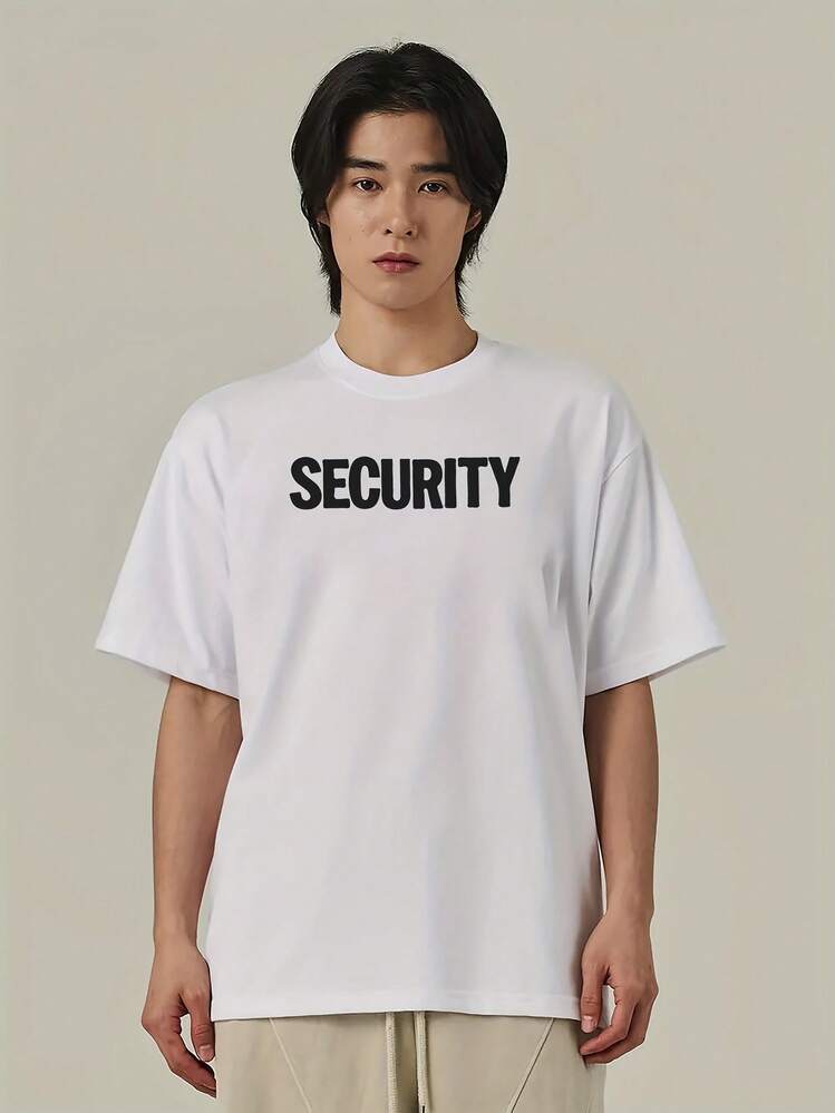 白い半袖 Tシャツ、正面に黒い大文字の英語「SECURI TY」がプリント