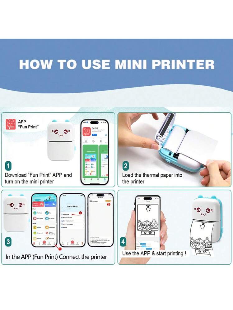 Muuoeou Mini Impresora Térmica Portátil Bluetooth – Impresora De Etiquetas Y Fotos Con Papel Térmico + Papel De Color