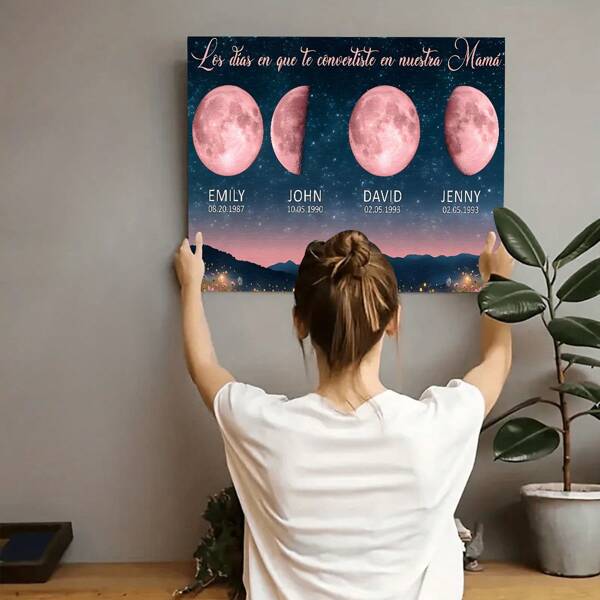 1pc Personalized Family Name Custom Pink Moon & Starry Night Canvas Wall Art , Horizontal Wrapped Canvas With Floral Silhouette Design, High-Quality Painting For Living Room, Kitchen, Office Decor - Unique Gift Idea, Moon Wall Decor, Artistic Craftsmanship