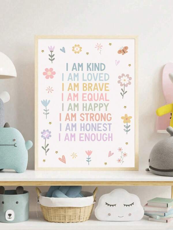1 Pieza Lienzo con arte de pared enmarcado con citas de acuarela inspiradoras para la habitación de los niños, decoración de guardería bohemia, afirmaciones positivas, decoración de pared colgante, "SOY AMABLE, SOY AMADO, SOY VALIENTE", impresión motivacional fácil de colgar