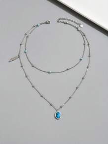 1入時尚復古風鈕扣設計綠松石橢圓和葉子形雙層不銹鋼項鍊，適用於女性，復古風格領飾，適用於慶祝場合和節日 - 金黃色 - 查看 8