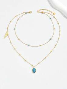 1入時尚復古風鈕扣設計綠松石橢圓和葉子形雙層不銹鋼項鍊，適用於女性，復古風格領飾，適用於慶祝場合和節日 - 金黃色 - 查看 12