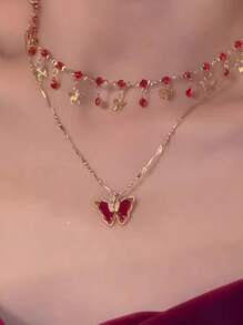 1 pieza Collar con forma de corazón rojo de lujo con perla falsa y diseño de cadena ósea de alta gama para mujeres