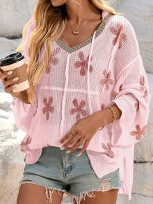 Plus Size Casual Loose Floral Print Hooded Pullover Sweater, For Winter - Pink - View 4