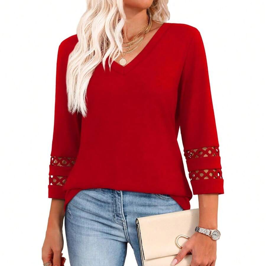 XIEERDUO 3/4 Length Sleeve Womens Tops Dressy Casual Blouses For Women 2025 V Neck T Shirts Summer Clothes - 紅色 - 查看 1