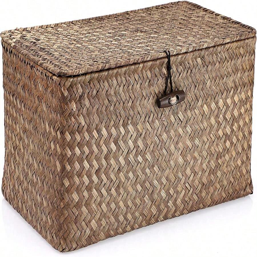 Hipiwe Wicker Shelf Baskets Bin With Lid, Handwoven Seagrass Basket Storage Bins Rectangular Household Basket Boxes For Shelf Wardrobe Home Organizer, Caramel X-Small - M - View 1