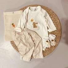 Baby Autumn Winter Bodysuit Pants Socks Set Rabbit Carrot Boho Boy Girl Unisex Cute - Có túi - Xem 1