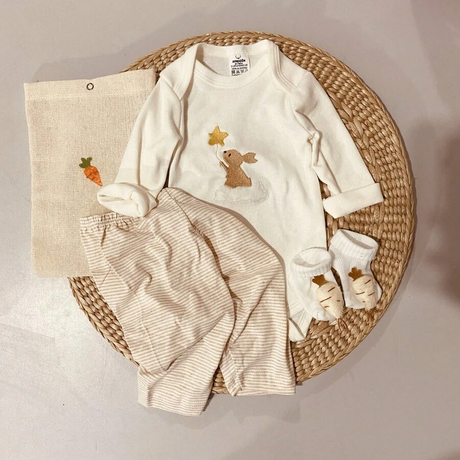 Baby Autumn Winter Bodysuit Pants Socks Set Rabbit Carrot Boho Boy Girl Unisex Cute - Có túi - Xem 1