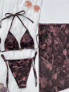 Women's Vintage Leopard Print Three Pieces Bikini Set With Tie Details. Features Triangular Cups And Side Tie Design, Perfect For Beach Outfits. - Multicolor - View 4