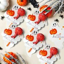 50pcs Halloween Candy Decoration Paper Labels, Ghost Pumpkin Lollipop Biscuit Clip Cards, Trick Or Treat Halloween Party Home DIY Decoration Items, White