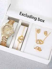 Conjunto de 6 peças de relógios e joias de quartzo de aço inoxidável com incrustações de diamantes da moda para mulheres (sem caixa)