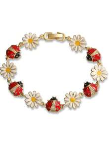 1pc Ladybug & Flower Decor Chain Bracelet, Multi-Color Cubic Zirconia Copper Alloy, Cute Nature Style, Couples Accessory For Casual Wear, Party - Multicolor - View 3