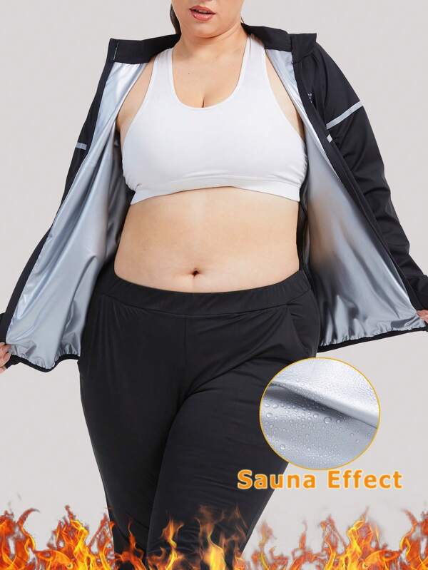1pc Plus Size Women's Sauna Suit Sweat Long Sleeve Jacket Workout Body Shaper Zipper Shirt Slimming Fitness Trainer Gym