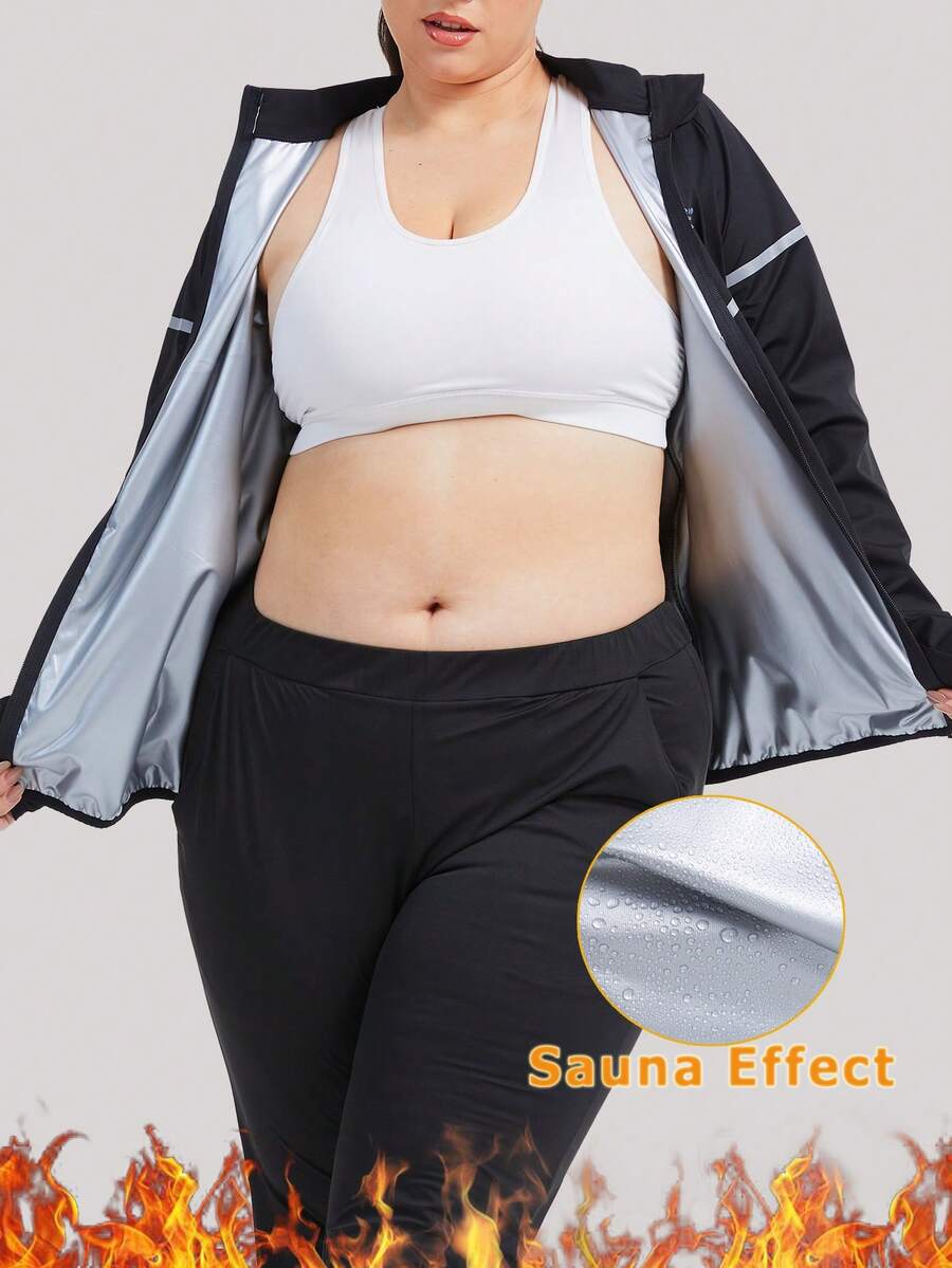 1pc Plus Size Women's Sauna Suit Sweat Long Sleeve Jacket Workout Body Shaper Zipper Shirt Slimming Fitness Trainer Gym - Black - View 1