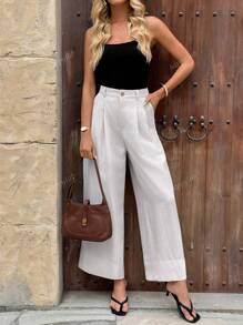 Solid Color Pocket Zipper Button Front Pleat Back Pockets Oversized Leg Pants