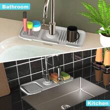 Local Shipping-5°Slope Kitchen Sink Splash Guard-Gray Silicone Faucet Mat Handle Drip Catcher Tray Behind Faucet With Soap Dispenser Hole-1pc Water Clear Gadgets For Sink Accessories 5 By 24inch Long Organizer - Gray - 查看 6