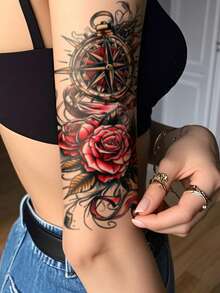 1 Foglio di grandi dimensioni Tatuaggi temporanei da donna, stile retrò old school con motivo di rosa rossa e bussola, tatuaggi finti impermeabili, durano 2-5 giorni, coprono cicatrici, utilizzabili su braccia, polsi, spalle, gambe, vita, collo, mani, petto, cosce e dita, adatti per abbigliamento corporeo, vacanze, regali, feste, festival musicali