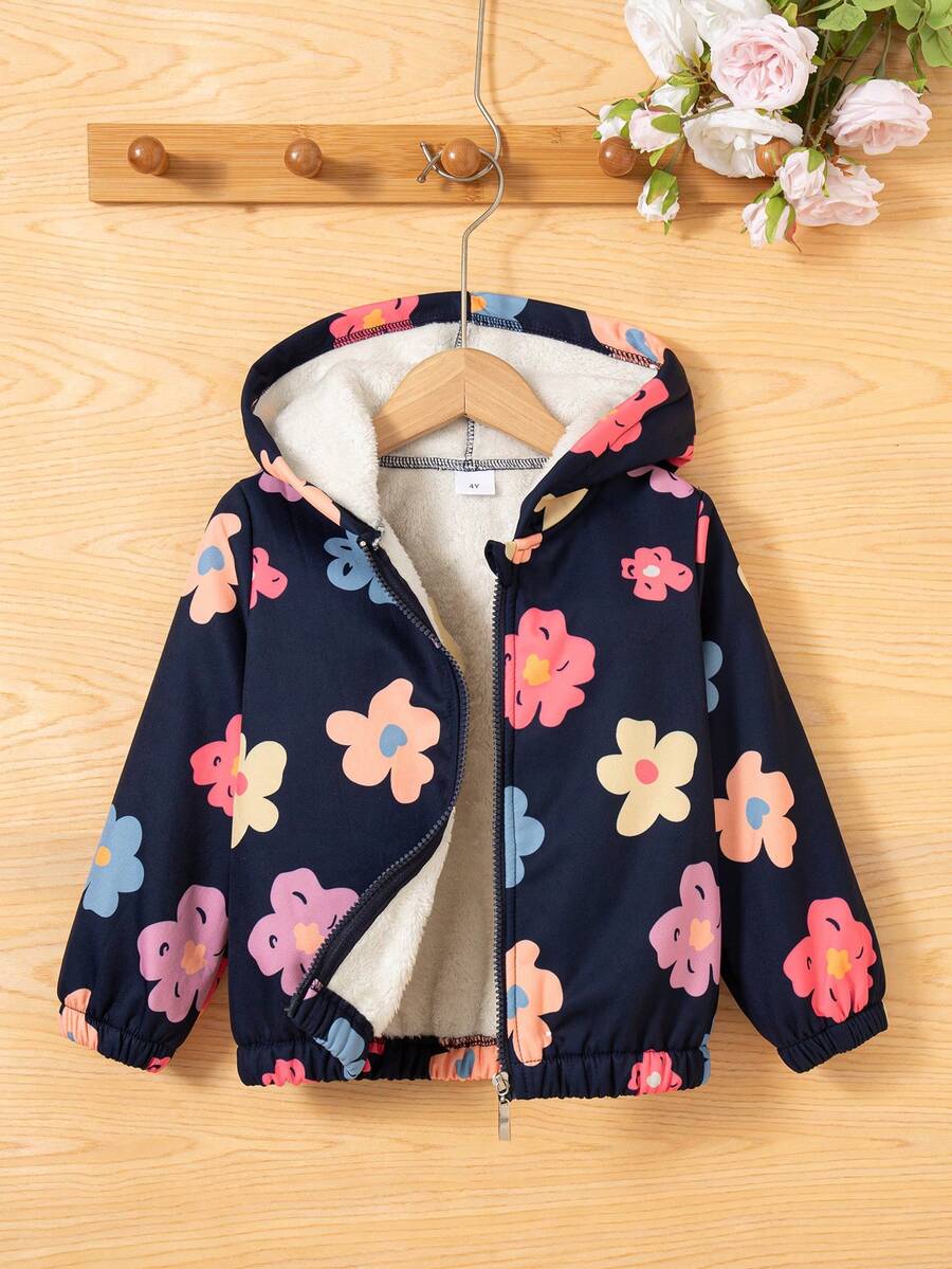 Áo khoác nỉ có mũ trùm đầu in hoa giản dị cho bé gái, thời trang ngoài trời, thu/đông - Màu xanh hải quân - Xem 1