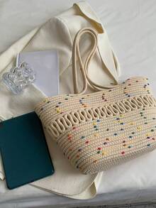 1 件编织手提包，休闲时尚纯色草绳编织手提包，大容量杂货篮适合日常使用和节日