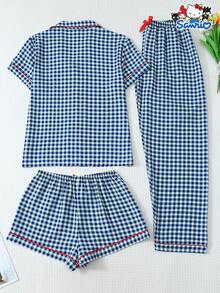 Bộ 3 món/Bộ đồ ngủ nữ xuân/hè Sanrio Hello Kitty kẻ sọc xanh trắng cổ polo tay ngắn có túi cài nút và quần/quần đùi thắt nơ, thích hợp mặc ở nhà, mặc thu đông - Xanh và trắng - Xem 2