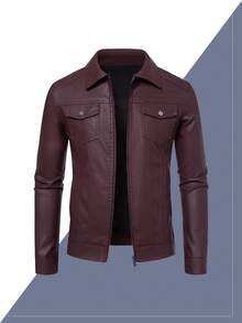 真正的男士皮夹克 做旧复古翻领男士皮夹克 修身短款男士皮夹克，羊毛 - 棕色 - 查看 4