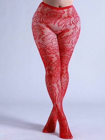 1pc Plus Size Women Fishnet Tights With Leaf Cutout Design, Sexy & Fashionable, Suitable For Party, Home, Office, Versatile, Black Stockings Perfect For Christmas Day And Legging Pairing
