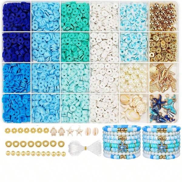 Ongeveer 2900 stuks sieradenset met blauwe polymeerkleikralen, voor doe-het-zelf armbanden, kettingen, oorbellen, knutselwerkjes, bedankjes voor de feestdagen en verjaardagscadeaus (willekeurige kleuren)