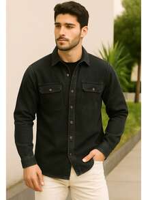 Men's Denim Jacket Long Sleeve Button Down Autumn Spring/Fall Regular Fit Pocket - 黑色 - 查看 1