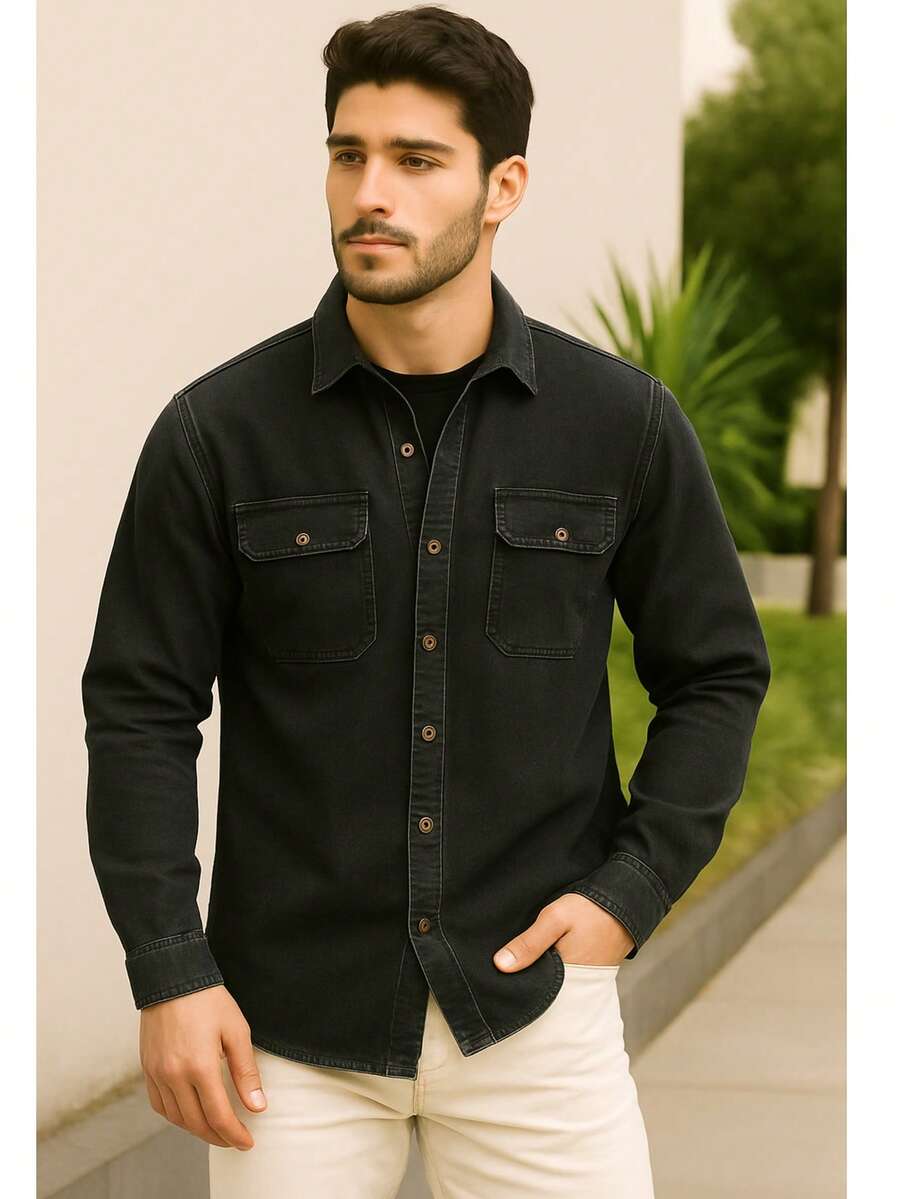 Men's Denim Jacket Long Sleeve Button Down Autumn Spring/Fall Regular Fit Pocket - 黑色 - 查看 1