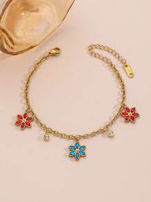 Pulseira de Trevo de Aço Titânio Dourado Minimalista, Incrustada com Cubic Zircônia, Comprimento Ajustável, Adequada para Verão, Férias, Presentes para Namoradas, Anti-Desbotamento, Anti-Alérgica, Elegante Acessório Feminino
