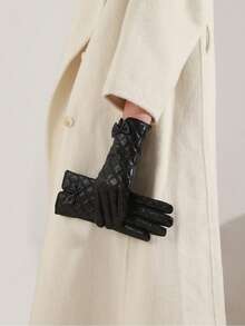 1 Pair Rhombus Pattern Casual Elegant PU Leather Bow Touchscreen Full Finger Gloves, Versatile For Daily Wear, All Seasons, Autumn/Winter, Fashionable And Warm For Riding