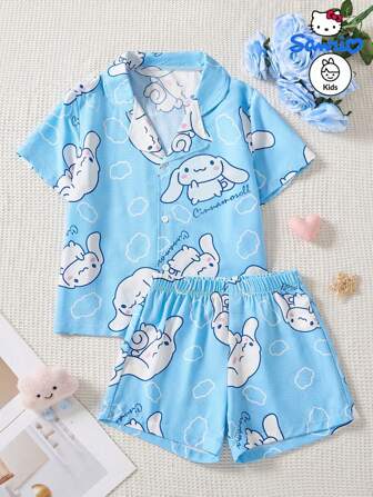 Sanrio Two Pieces Sweet, Cute, And Fashionable Blue Home Outfit For Girls, Authorized By Sanrio With Big Ear Dog Print Button Up Cardigan Top And Shorts, Suitable For Home Wear, The Perfect Gift For Daughters