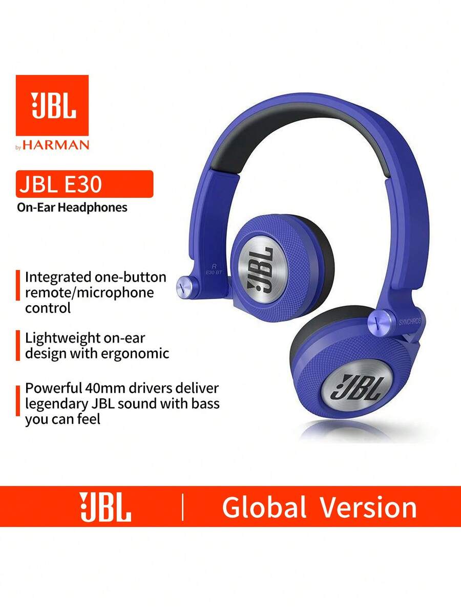 JBL E30 高品质有线贴耳式耳机，防噪音，可折叠便携，附赠旅行收纳袋，3.5mm 可拆卸耳机线，适合通勤、旅行、办公、学习等场合，兼容智能手机、平板电脑、笔记本电脑、台式电脑 - 无需充电（颜色可选：黑色/红色/白色/蓝色/紫色）