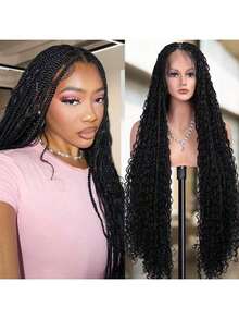 DWNSEN Boho Knotless Braided Wigs For Women Bohemian Box Braided Wigs Double Full Lace Braided Wigs With Baby Hair Synthetic Boho Braid Wig Natural Black Suitable For Daily Use Dates Holidays Birthdays Parties And Vacations{1B} - 1B - Xem 2