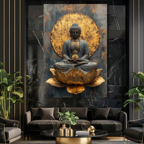 1pc Frameless Modern Abstract Buddhist Wall Art -Canvas Print, Buddha Meditation Artwork With Golden For Lotus & Radiant Halo, Spiritual Decor For Living Room, Bedroom, Home Office, Zen Home Decor
