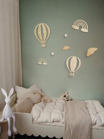 8pcs/Set Wooden Hot Air Balloon, Cloud, Star Decorations For Children's Room, Kindergarten, Creative Wall Decor