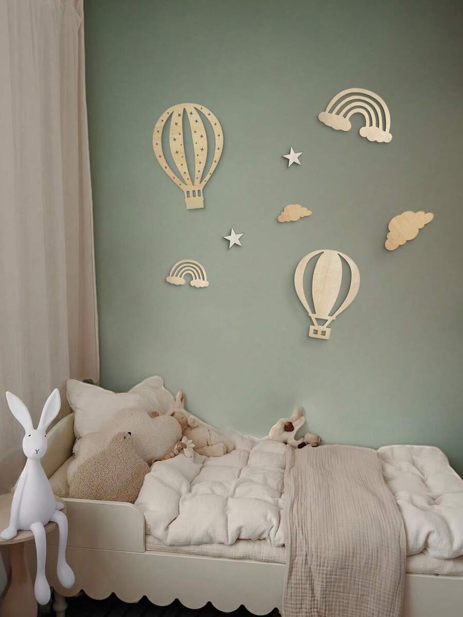 8pcs/Set Wooden Hot Air Balloon, Cloud, Star Decorations For Children's Room, Kindergarten, Creative Wall Decor