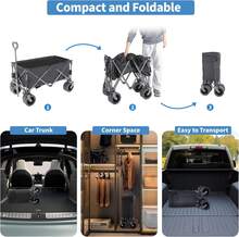Collapsible Wagon Carts Foldable, Garden Cart With 360° All-Terrain Wheels, Adjustable Handle, 220lbs Weight Capacity, 113L, Utility Wagons For Outdoor, Heavy Duty Wagon Cart - 黑色 - 查看 2
