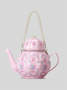 创意印花茶壶图案女士手提包珍珠链条单肩包设计师奢华斜挎包小水桶包 - 彩色 - 查看 11