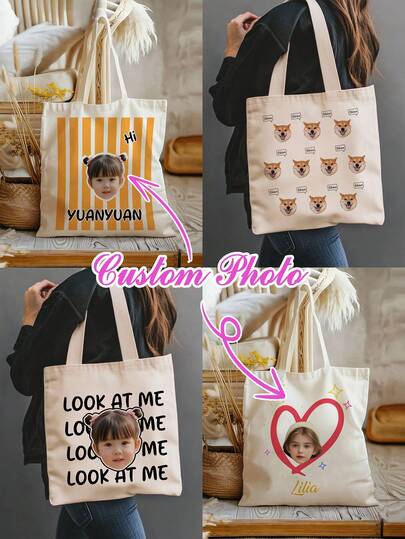 1pc Custom Funny Photo Printed Canvas Tote Bag, Personalized Photo Handbag, Party Favor, Beach Bag, Bridesmaids Bag, Foldable Canvas Bag, Unique, Lightweight, Spacious, Casual, Fashion, Suitable For Handbag, Shoulder Bag, Casual And Shopping Bag, Mother's Day Gift For Mom, Dad, Baby