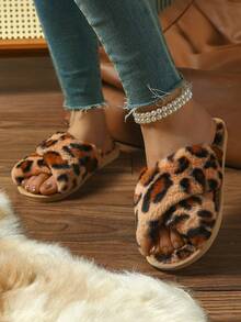 Designer Plush Leopard Print Slippers, Fashion Non-Slip Breathable Lightweight, All Season Cross-Strap Non-Slip Open-Toe Comfortable Indoor/Outdoor Animal Pattern Slides - Brown - View 4