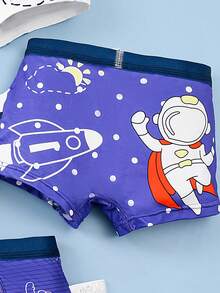 4条装男童舒适柔软透气卡通宇航员印花平角内裤，幼儿/小童/大童 - 彩色 - 查看 3