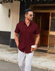 Men's Stretch Dress Shirts Short Sleeve Wrinkle Free Casual Button Down Shirts-20256688 - Burgundy - View 2