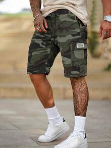 1pc Men'S Summer Camo Cargo Shorts With Multiple Pockets, Drawstring Waist, And Letter Patch - Casual Five-Point Outdoor Shorts For Hiking, Fishing, And Casual Attire, Hiking Apparel | Letter Patch Shorts | Non-Stretch Fabri - Camouflage Army Green - View 3