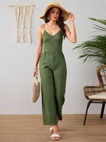 Mono Con Tirantes Espagueti Holgado Para Mujer,Monos De Pierna Ancha De Color Sólido De Verano Para Vestir Casual - Verde militar - Ver 1