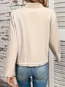1pc Plus Size Plain Cinched Waist Stand Collar Jacket, Adjustable Cuffs - Apricot - View 2