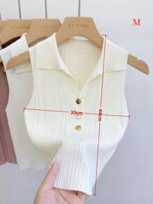 1 pieza Polo de punto sin mangas con cuello falso de ajuste corto para mujer con botones dorados, negro, blanco, albaricoque, rosa, morado