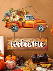 1Set/120Set Fall Home Decor Pumpkin Truck Wooden Door Sign Decor Welcome Wood Sign For Farmhouse Hanging Sign Decorative Wall Hanging Plaque Rustic Front Door Yard Kitchen Fall Harvest Decor - Multicolor - View 1