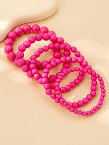 5pcs Elegant Rose Red Beaded Bracelets For Women, Fashionable & Minimalist Design, Suitable For Beach, Holiday, And Daily Wear - Hot Pink - View 3