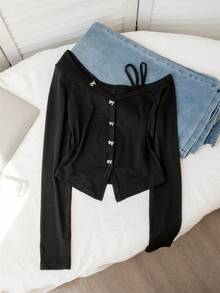 Elegant Black Bow Strap Sexy Open Shoulder Long Sleeve Top For Women, Suitable For Dates, Outings, And Commuting, Christmas, Autumn/Winter - Black - View 11